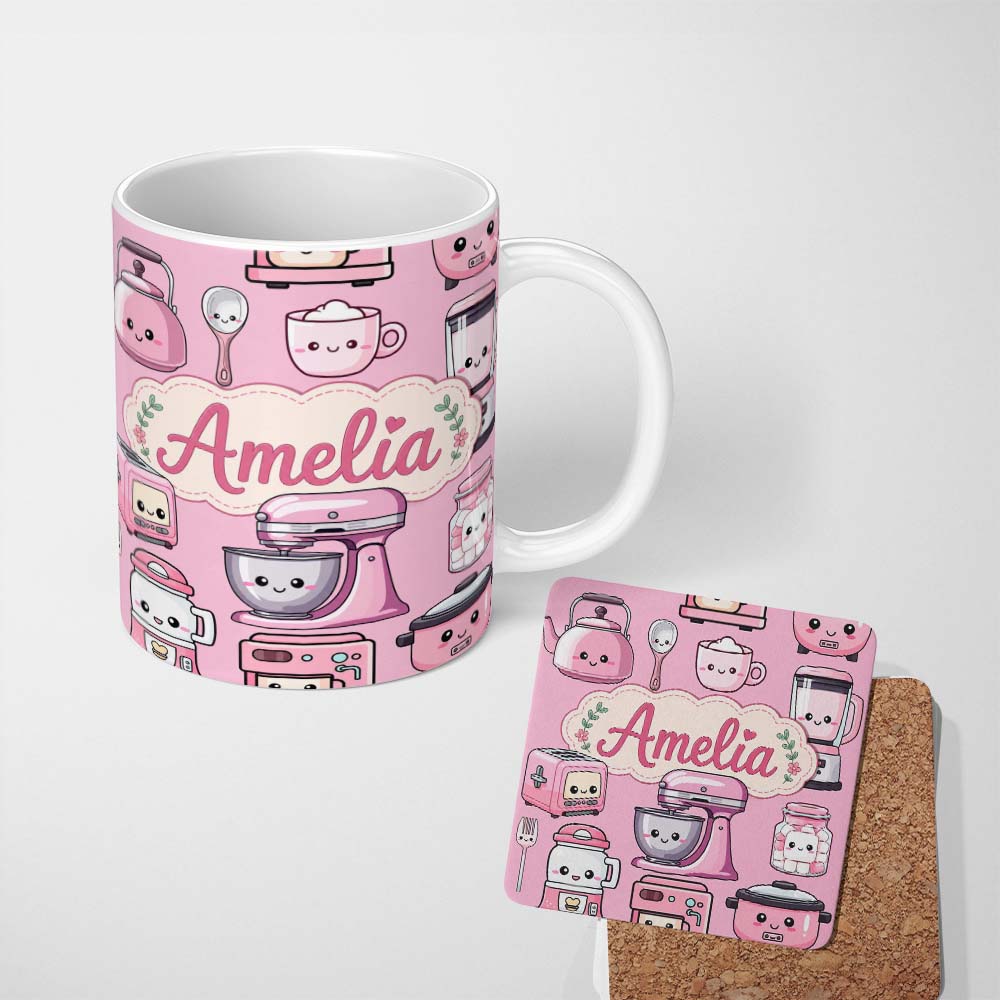 Personalized Custom Name Cute Kawaii Pink Kitchen Appliances Blush Background Seamless 11oz Ceramic Coffee Tea Mug White Large Handle