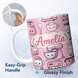 Personalized Custom Name Cute Kawaii Pink Kitchen Appliances Blush Background Seamless 11oz Ceramic Coffee Tea Mug White Large Handle