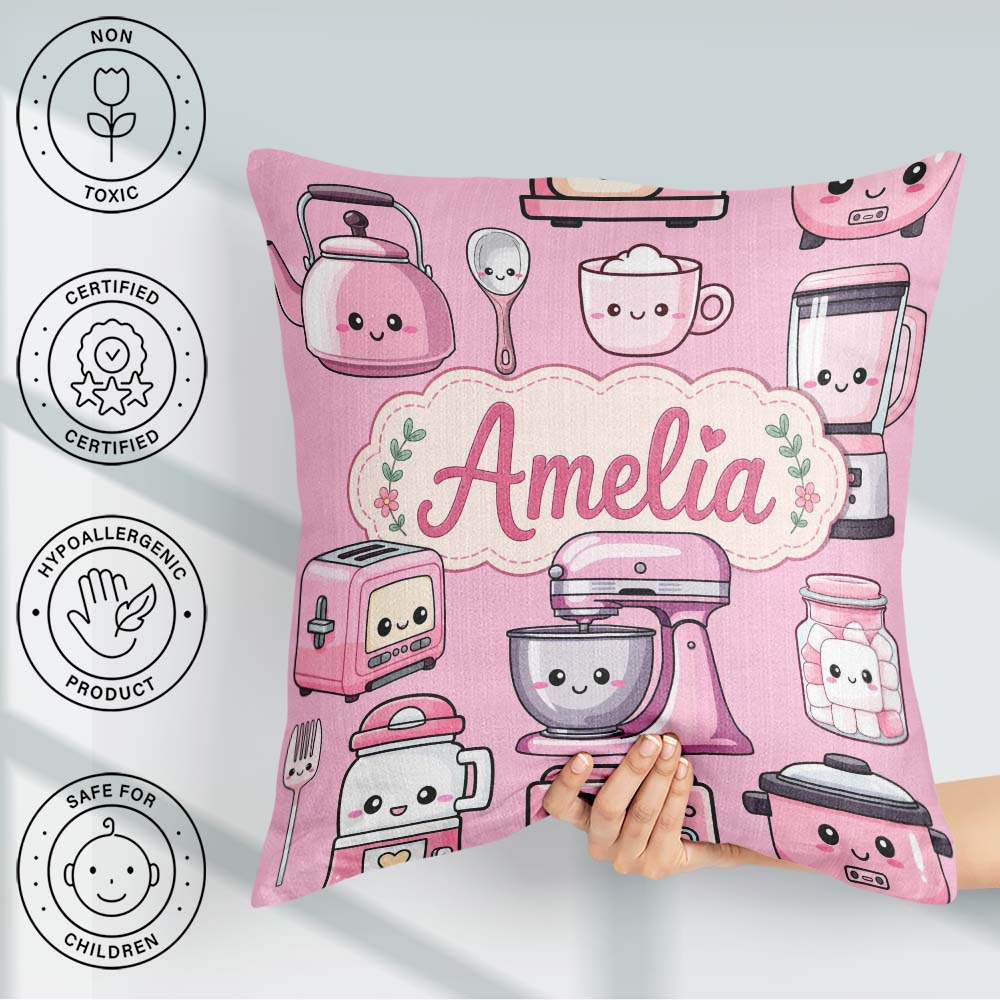 Custom Name Kawaii Pink Appliances Blush Background Seamless Square Filled Cushion Throw Pillow Sofa Bed Home Decor Zip Washable UK Made