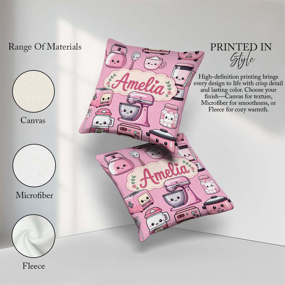 Custom Name Kawaii Pink Appliances Blush Background Seamless Square Filled Cushion Throw Pillow Sofa Bed Home Decor Zip Washable UK Made