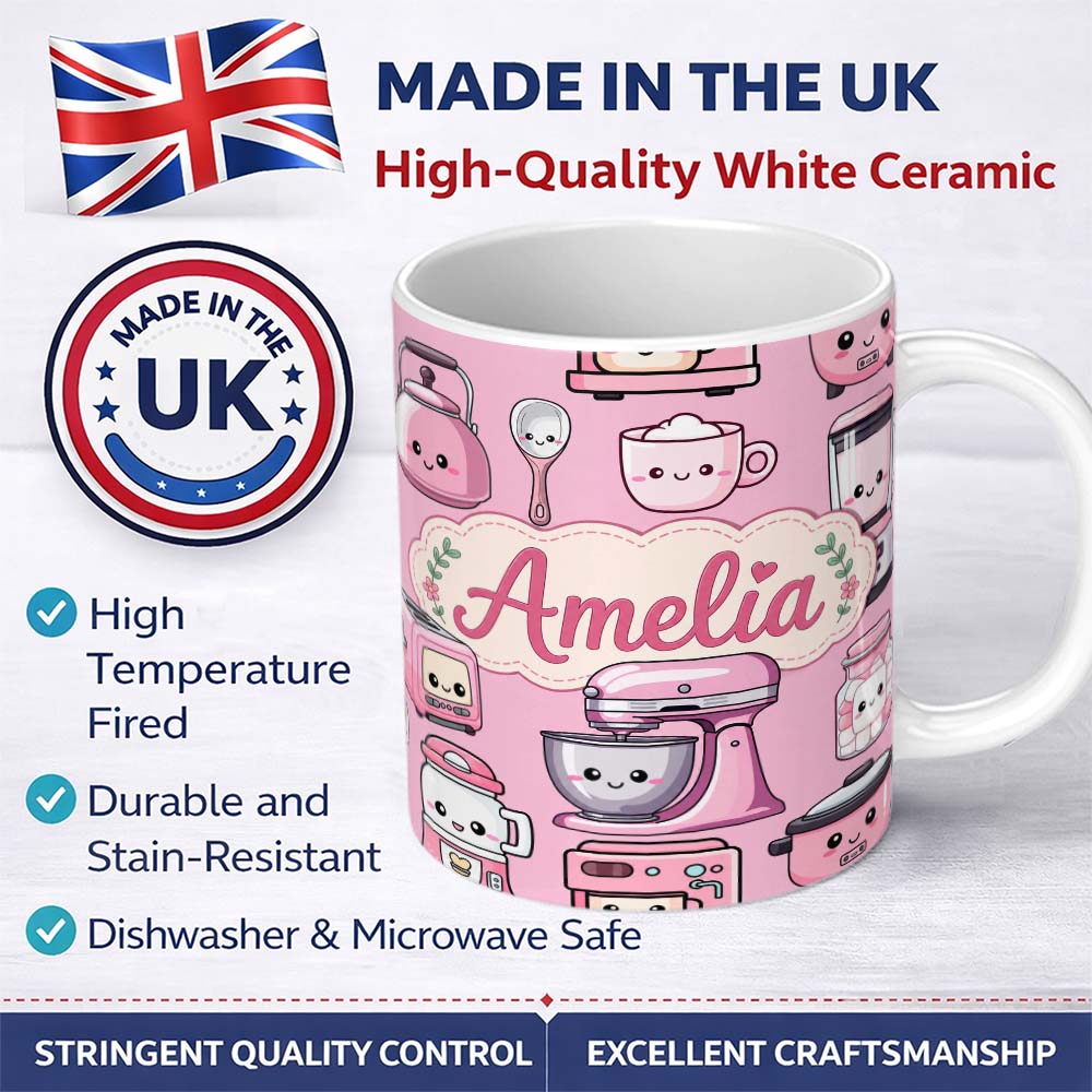Personalized Custom Name Cute Kawaii Pink Kitchen Appliances Blush Background Seamless 11oz Ceramic Coffee Tea Mug White Large Handle