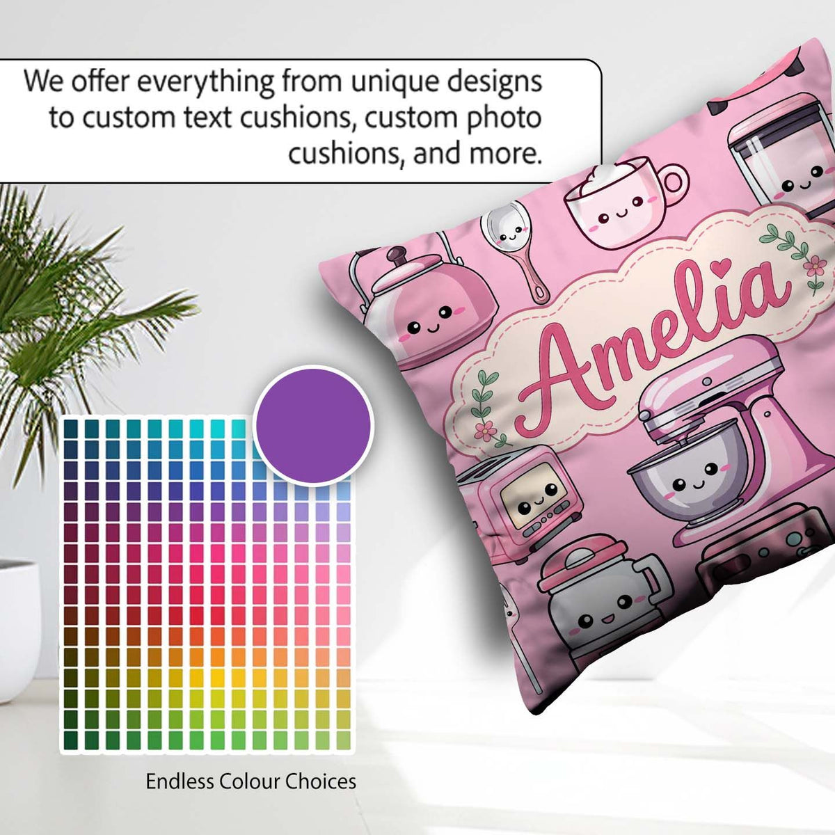 Custom Name Kawaii Pink Appliances Blush Background Seamless Square Filled Cushion Throw Pillow Sofa Bed Home Decor Zip Washable UK Made