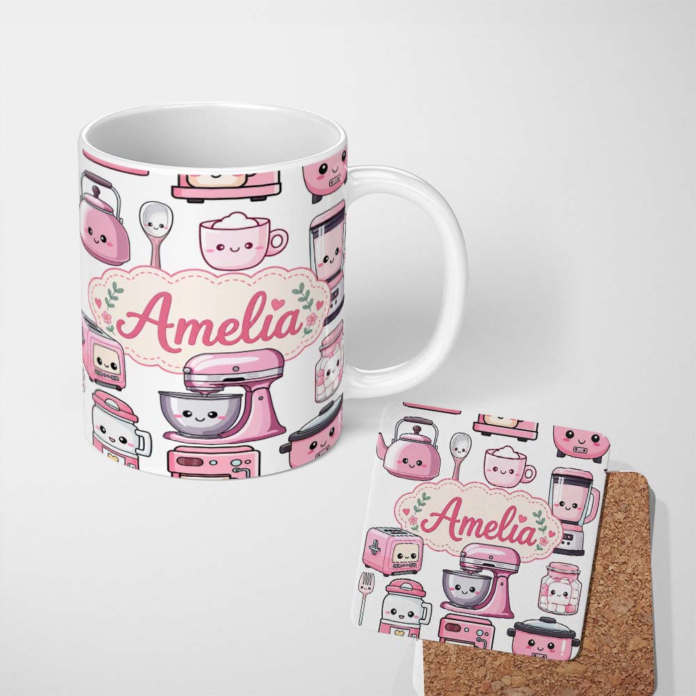 Personalized Custom Name Cute Kawaii Pink Kitchen Appliances Light Grey Background Seamless 11oz Ceramic Coffee Tea Mug White Large Handle