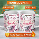 Personalized Custom Name Cute Kawaii Pink Kitchen Appliances Light Grey Background Seamless 11oz Ceramic Coffee Tea Mug White Large Handle
