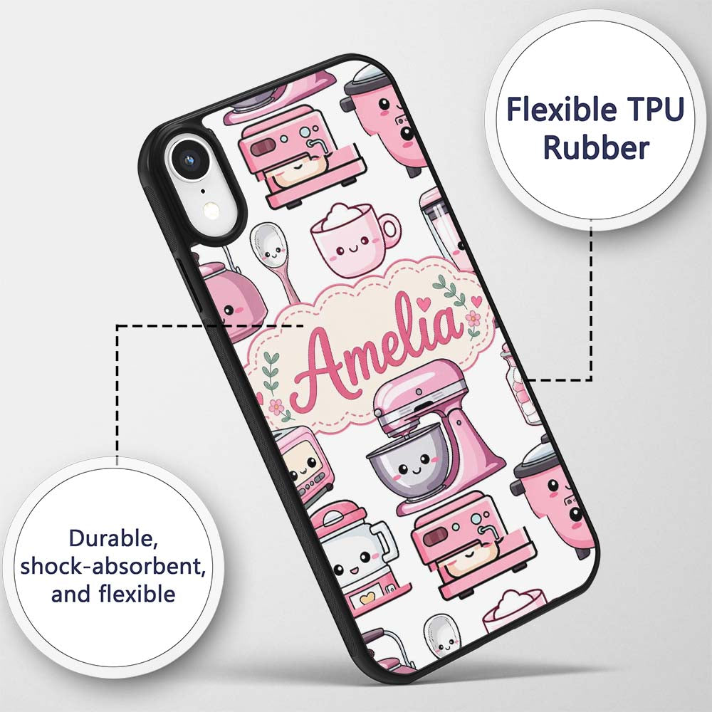 Cute Kawaii Pink Appliances Light Grey Background Custom Name Protective Phone Case Mobile Cover Durable Everyday Smartphone Shock Resistant