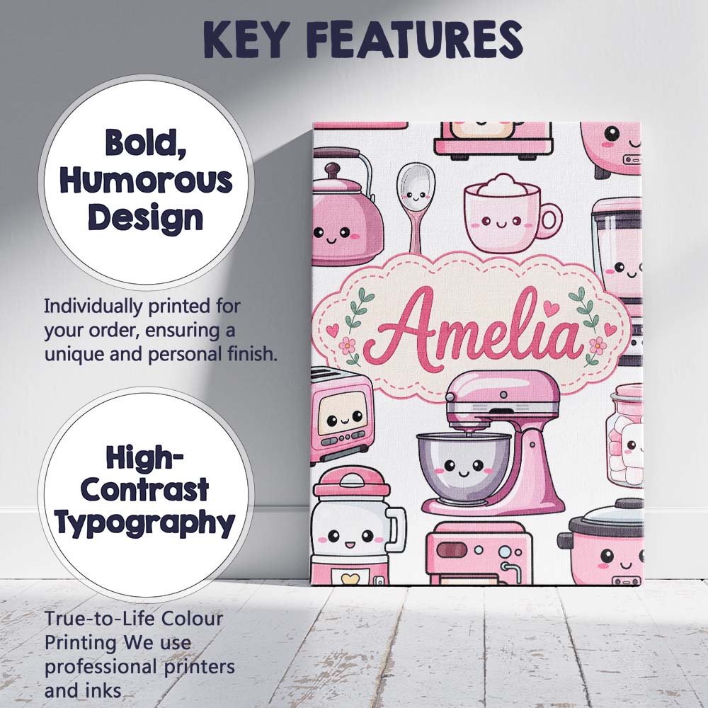 Personalised Name Cute Kawaii Pink Appliances Custom Unique Gift Idea Modern Room Accent Canvas Wall Art Print Decor Picture Ready to Hang