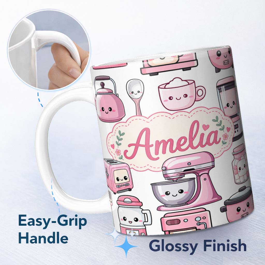 Personalized Custom Name Cute Kawaii Pink Kitchen Appliances Light Grey Background Seamless 11oz Ceramic Coffee Tea Mug White Large Handle