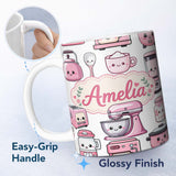 Personalized Custom Name Cute Kawaii Pink Kitchen Appliances Light Grey Background Seamless 11oz Ceramic Coffee Tea Mug White Large Handle