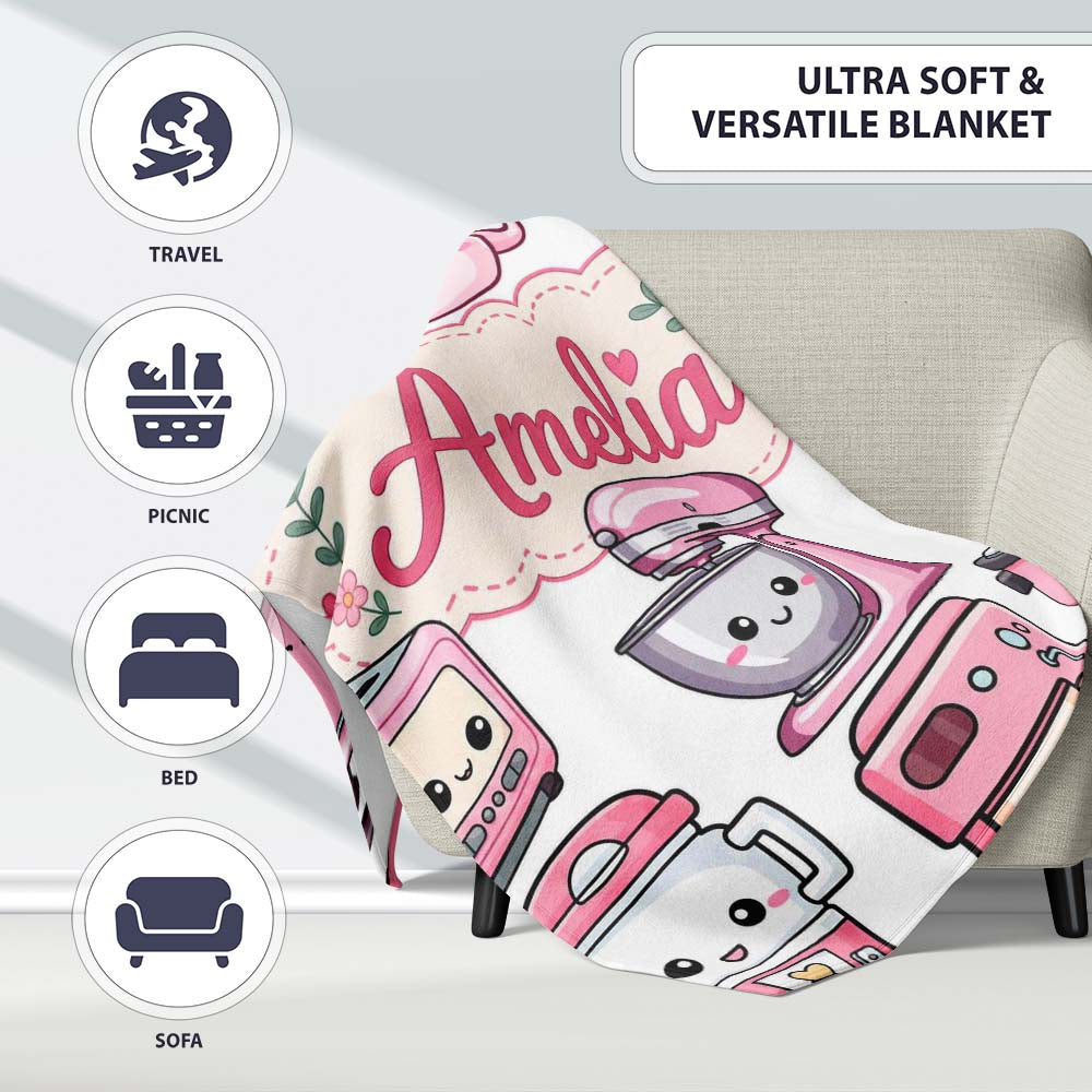 Cute Kawaii Pink  Appliances Light Grey Background Seamless  Personalised Custom Name Super Soft Fleece Blanket Bed Sofa Throw