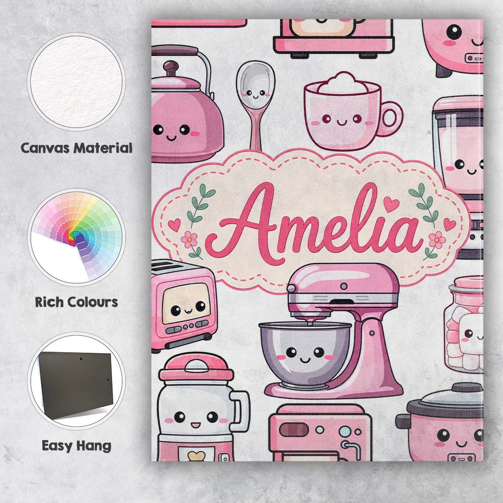 Personalised Name Cute Kawaii Pink Appliances Custom Unique Gift Idea Modern Room Accent Canvas Wall Art Print Decor Picture Ready to Hang