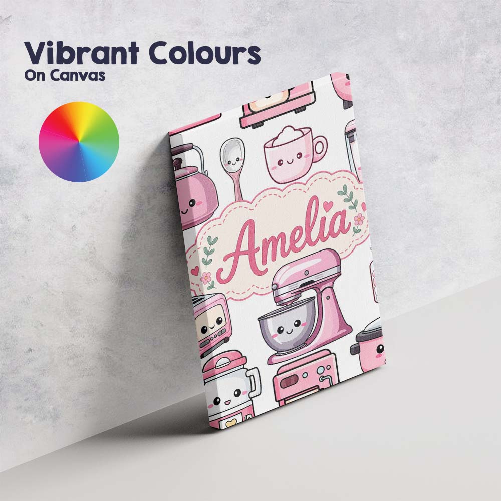 Personalised Name Cute Kawaii Pink Appliances Custom Unique Gift Idea Modern Room Accent Canvas Wall Art Print Decor Picture Ready to Hang