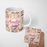 Personalized Custom Name Cute Kawaii Pink Kitchen Appliances Warm Yellow Background Seamless 11oz Ceramic Coffee Tea Mug White Large Handle