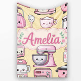 Cute Kawaii Pink  Appliances Warm Yellow Background Seamless  Personalised Custom Name Super Soft Fleece Blanket Bed Sofa Throw