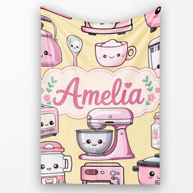 Cute Kawaii Pink  Appliances Warm Yellow Background Seamless  Personalised Custom Name Super Soft Fleece Blanket Bed Sofa Throw