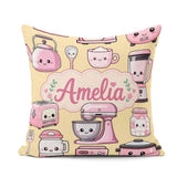 Custom Name Cute Kawaii Pink Appliances Warm Background Seamless Square Filled Cushion Throw Pillow Sofa Bed Home Decor Zip Washable UK Made