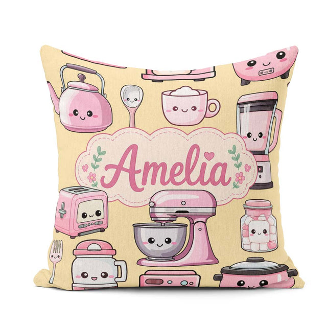 Custom Name Cute Kawaii Pink Appliances Warm Background Seamless Square Filled Cushion Throw Pillow Sofa Bed Home Decor Zip Washable UK Made