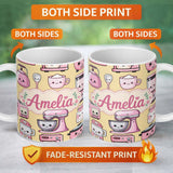 Personalized Custom Name Cute Kawaii Pink Kitchen Appliances Warm Yellow Background Seamless 11oz Ceramic Coffee Tea Mug White Large Handle