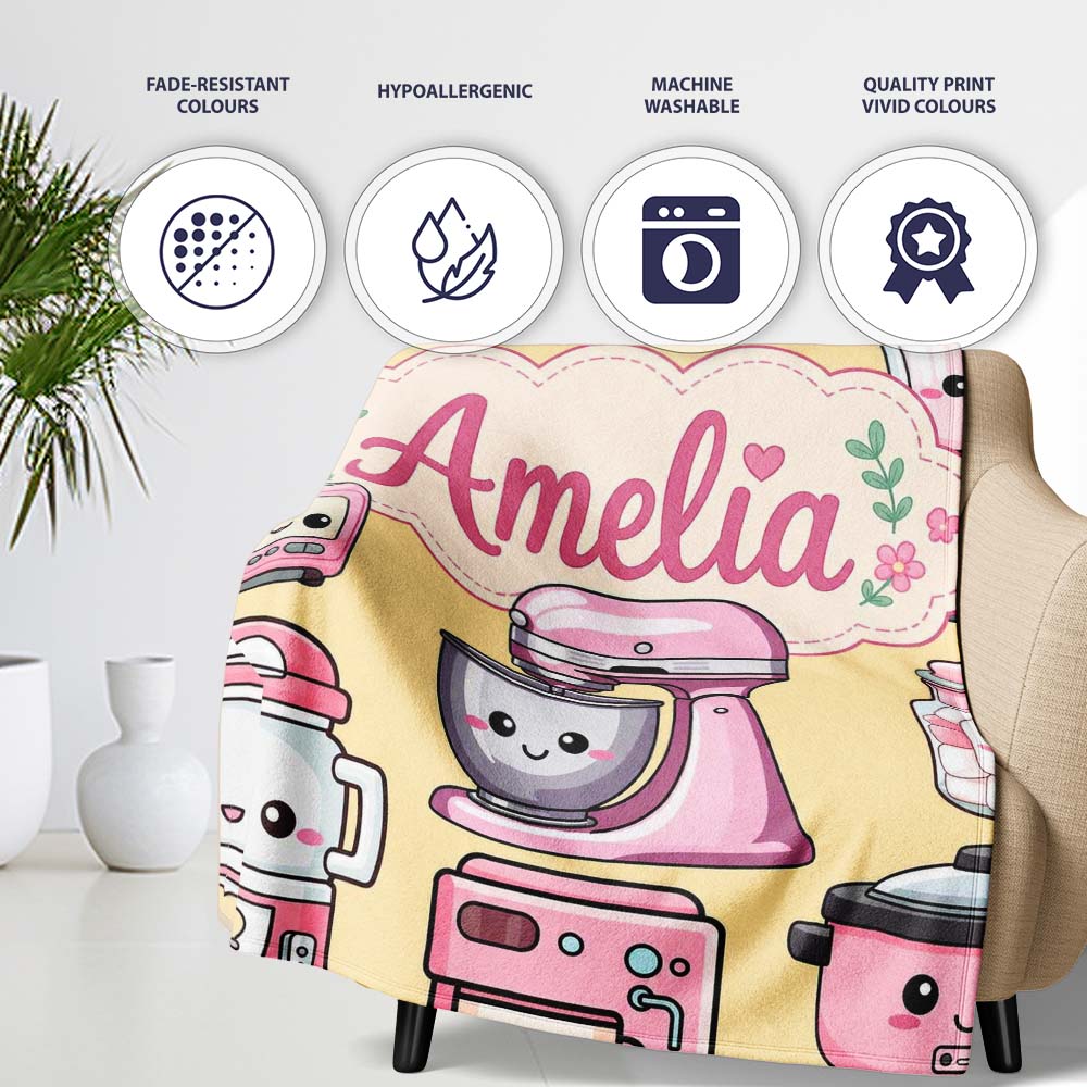 Cute Kawaii Pink  Appliances Warm Yellow Background Seamless  Personalised Custom Name Super Soft Fleece Blanket Bed Sofa Throw