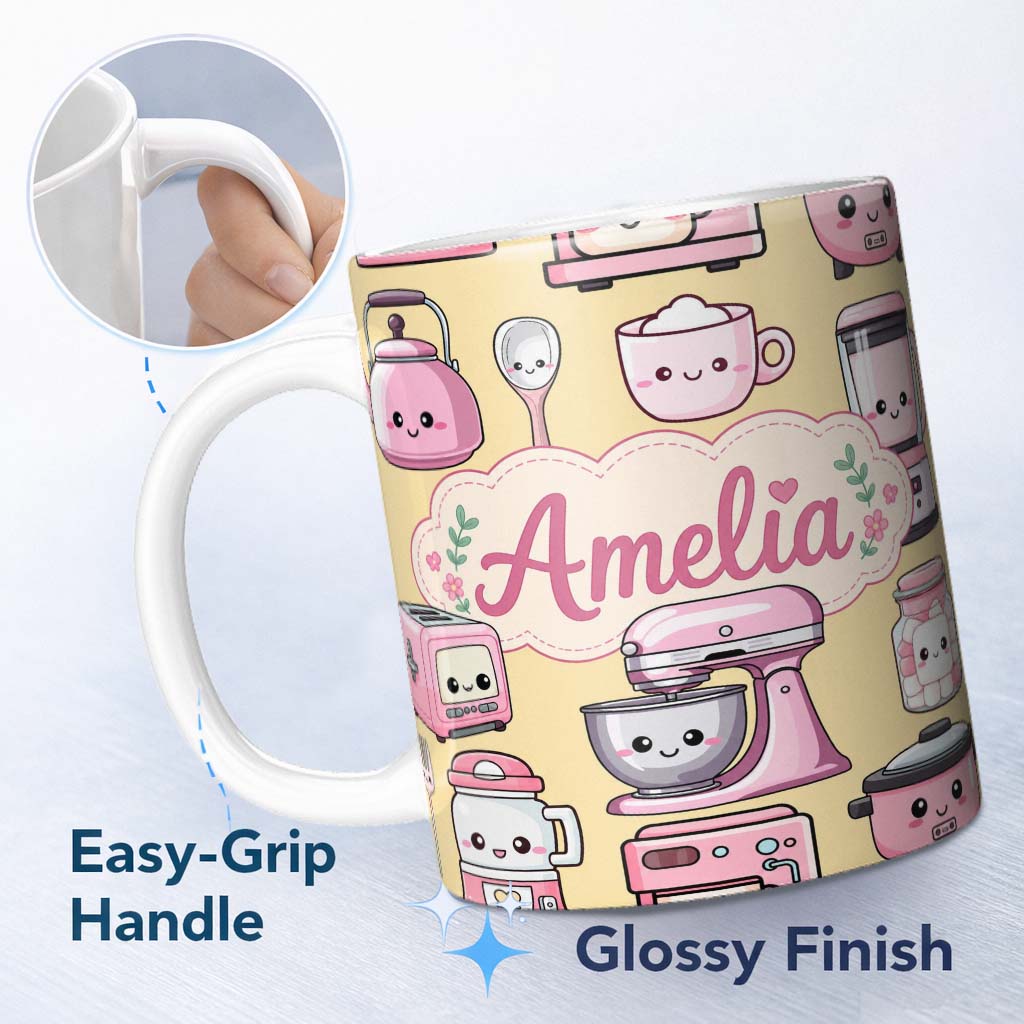 Personalized Custom Name Cute Kawaii Pink Kitchen Appliances Warm Yellow Background Seamless 11oz Ceramic Coffee Tea Mug White Large Handle