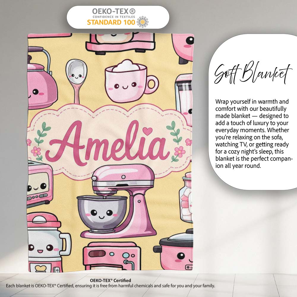 Cute Kawaii Pink  Appliances Warm Yellow Background Seamless  Personalised Custom Name Super Soft Fleece Blanket Bed Sofa Throw