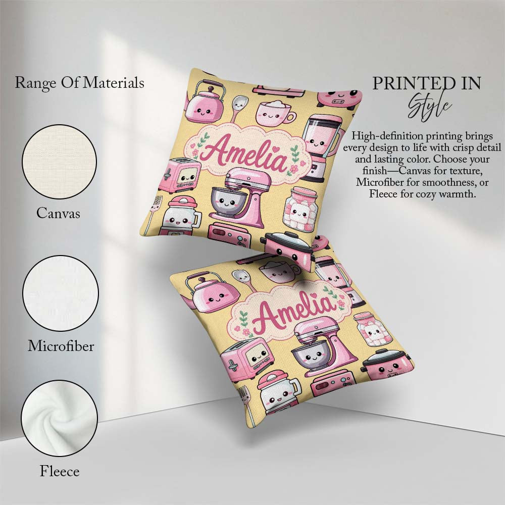 Custom Name Cute Kawaii Pink Appliances Warm Background Seamless Square Filled Cushion Throw Pillow Sofa Bed Home Decor Zip Washable UK Made