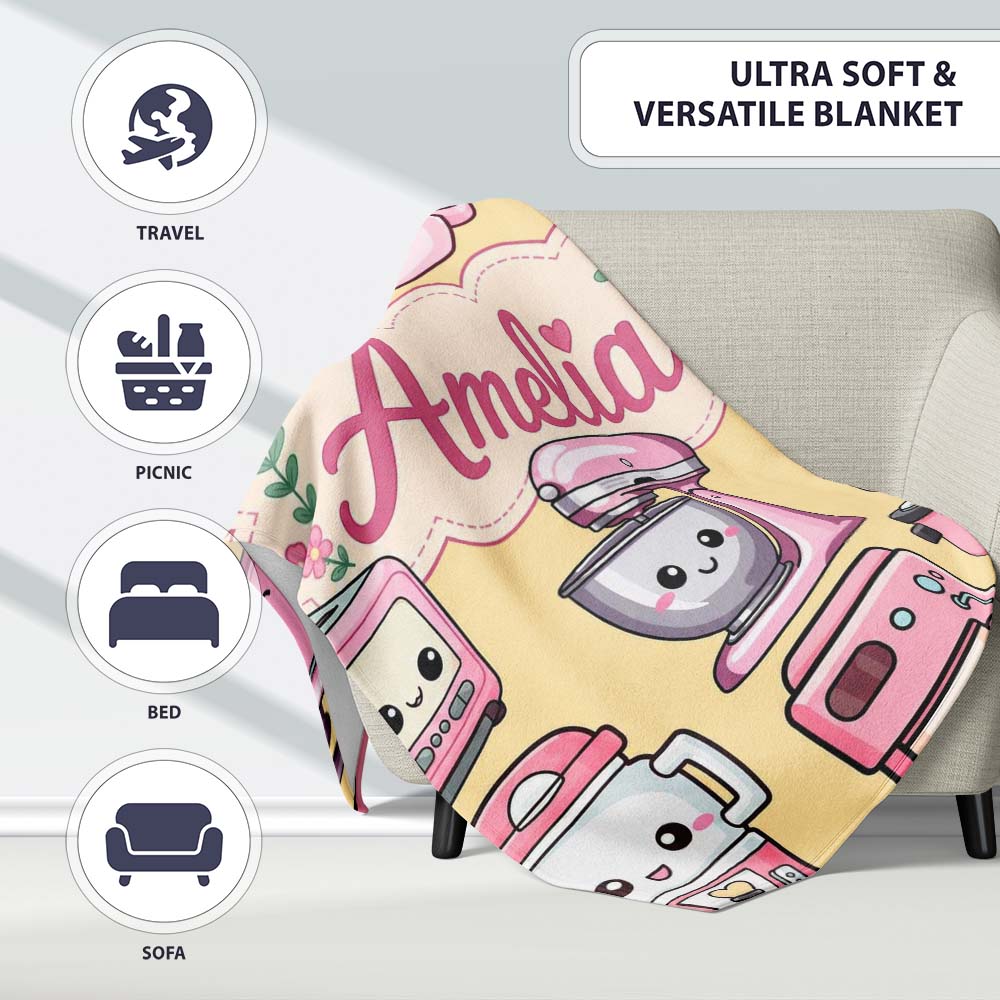 Cute Kawaii Pink  Appliances Warm Yellow Background Seamless  Personalised Custom Name Super Soft Fleece Blanket Bed Sofa Throw