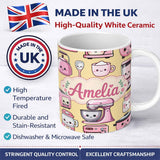 Personalized Custom Name Cute Kawaii Pink Kitchen Appliances Warm Yellow Background Seamless 11oz Ceramic Coffee Tea Mug White Large Handle