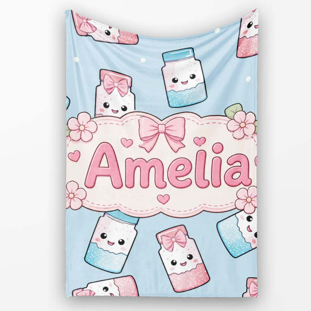 Cute Kawaii Sweet Sugar Jars with Bows Pastel Blue Background  Personalised Custom Name Super Soft Fleece Blanket Bed Sofa Throw