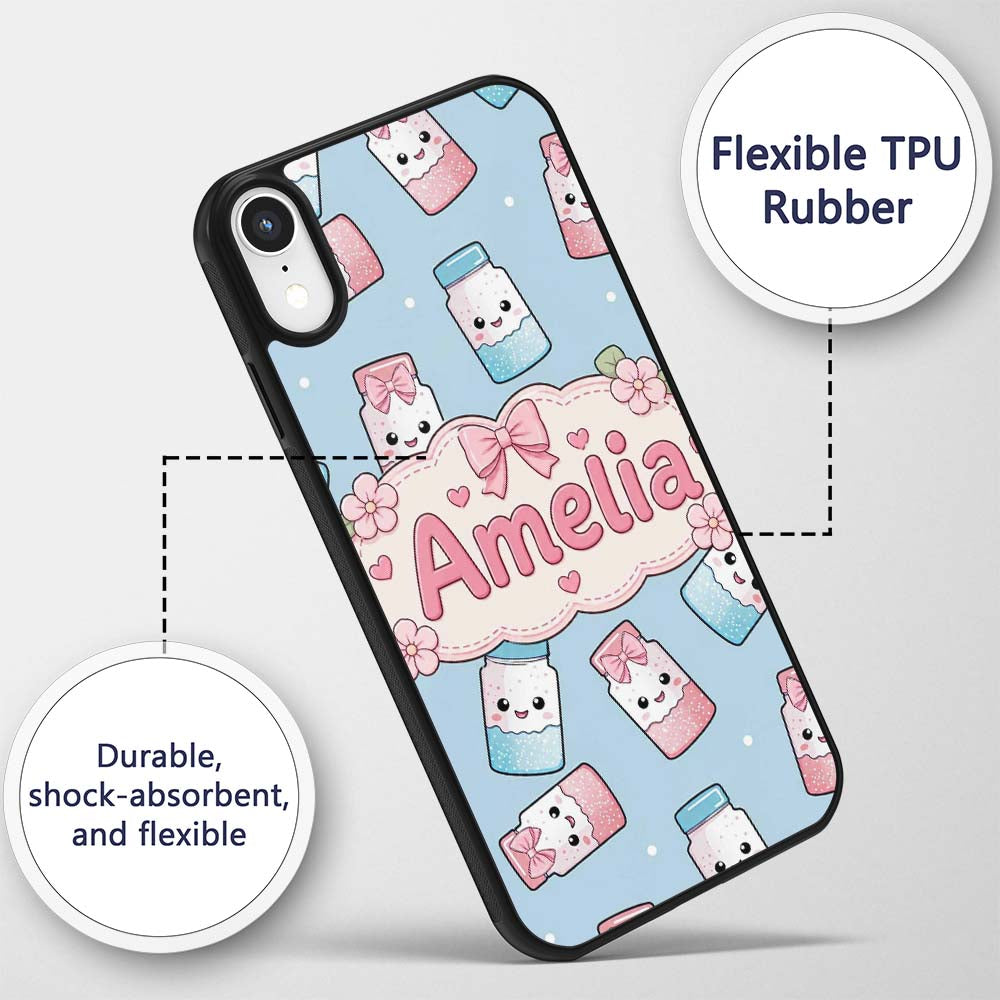 Cute Kawaii Sweet Sugar Jars with Bows Pastel Custom Name Protective Phone Case Mobile Cover Durable Everyday Smartphone Shock Resistant
