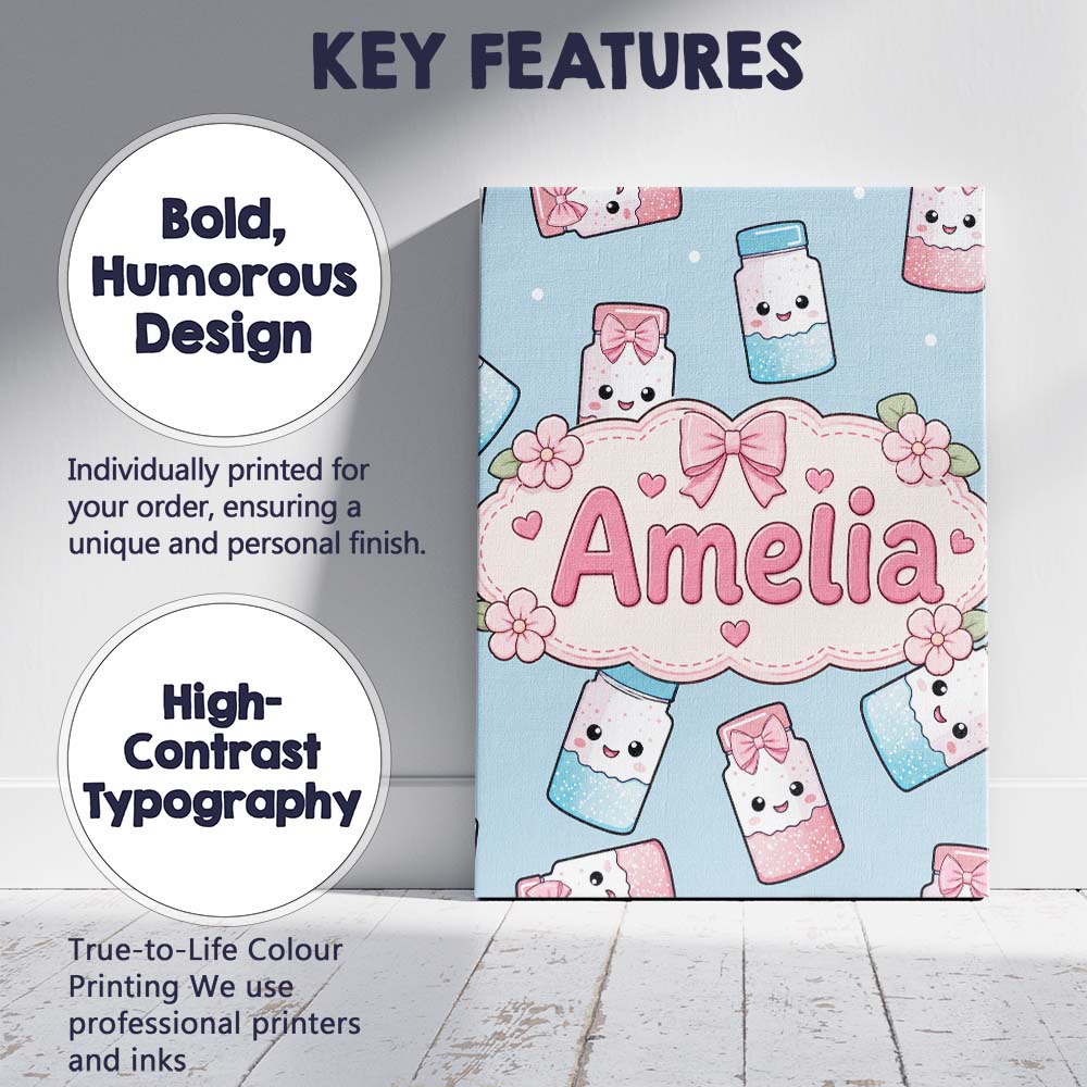 Personalised Name Cute Kawaii Sweet Sugar Custom  Unique Gift Idea Elegant Feature Canvas Wall Art Print Decor Picture Ready to Hang