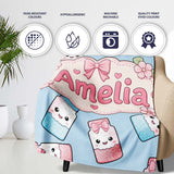 Cute Kawaii Sweet Sugar Jars with Bows Pastel Blue Background  Personalised Custom Name Super Soft Fleece Blanket Bed Sofa Throw