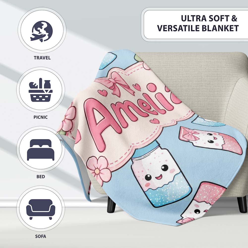 Cute Kawaii Sweet Sugar Jars with Bows Pastel Blue Background  Personalised Custom Name Super Soft Fleece Blanket Bed Sofa Throw