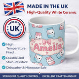 Personalized Custom Name Cute Kawaii Sweet Sugar Jars with Bows Pastel Blue Background 11oz Ceramic Coffee Tea Mug White Large Handle