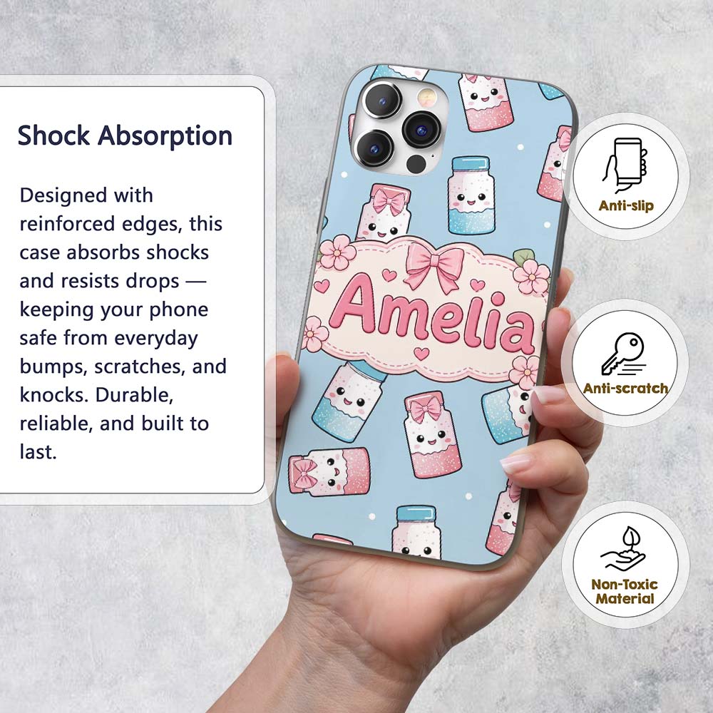 Cute Kawaii Sweet Sugar Jars with Bows Pastel Custom Name Protective Phone Case Mobile Cover Durable Everyday Smartphone Shock Resistant