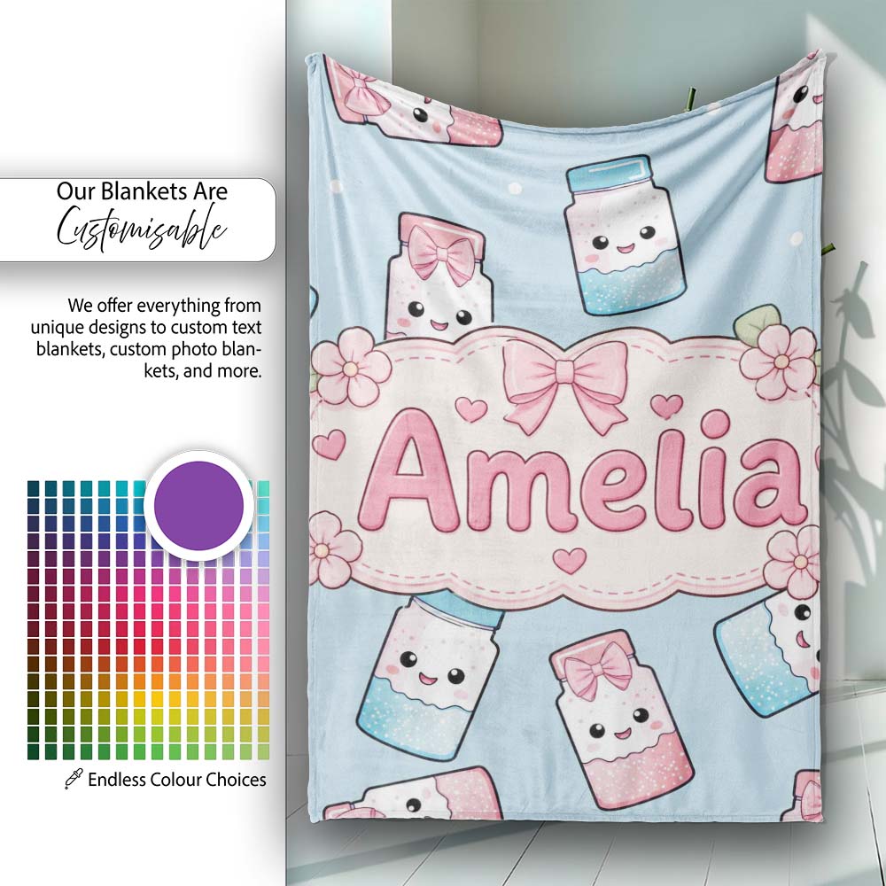 Cute Kawaii Sweet Sugar Jars with Bows Pastel Blue Background  Personalised Custom Name Super Soft Fleece Blanket Bed Sofa Throw
