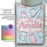 Cute Kawaii Sweet Sugar Jars with Bows Pastel Blue Background  Personalised Custom Name Super Soft Fleece Blanket Bed Sofa Throw