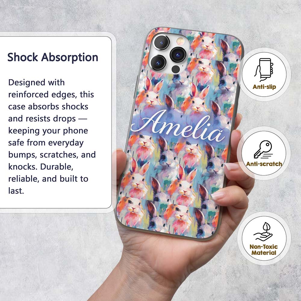 Watercolor Easter Bunny Botanical Printed Design Custom Name Protective Phone Case Mobile Cover Durable Everyday Smartphone Shock Resistant