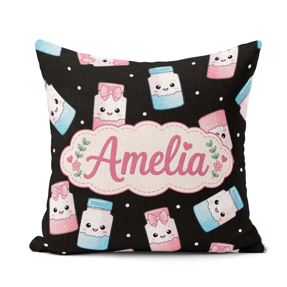 Custom Name Sweet Sugar Jars with Bows Black Background Seamless Square Filled Cushion Throw Pillow Sofa Bed Home Decor Zip Washable UK Made