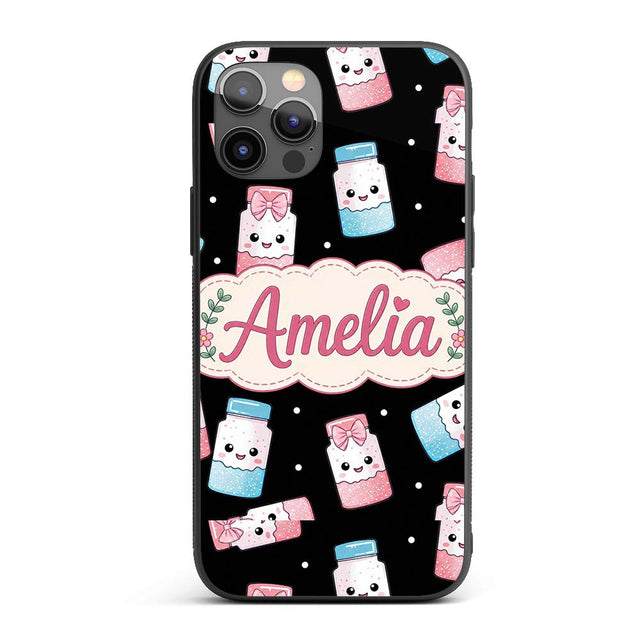 Cute Kawaii Sweet Sugar Jars with Bows Black Custom Name Protective Phone Case Mobile Cover Durable Everyday Smartphone Shock Resistant