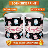 Personalized Custom Name Cute Kawaii Sweet Sugar Jars with Bows Black Background Seamless 11oz Ceramic Coffee Tea Mug White Large Handle