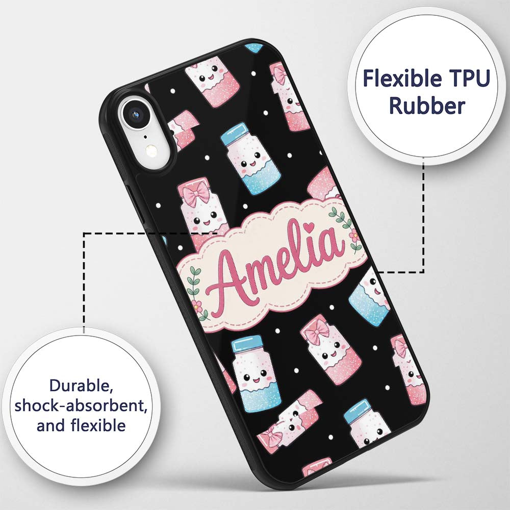 Cute Kawaii Sweet Sugar Jars with Bows Black Custom Name Protective Phone Case Mobile Cover Durable Everyday Smartphone Shock Resistant