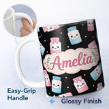 Personalized Custom Name Cute Kawaii Sweet Sugar Jars with Bows Black Background Seamless 11oz Ceramic Coffee Tea Mug White Large Handle