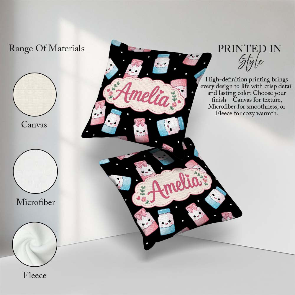 Custom Name Sweet Sugar Jars with Bows Black Background Seamless Square Filled Cushion Throw Pillow Sofa Bed Home Decor Zip Washable UK Made
