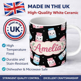 Personalized Custom Name Cute Kawaii Sweet Sugar Jars with Bows Black Background Seamless 11oz Ceramic Coffee Tea Mug White Large Handle