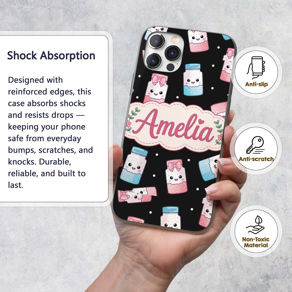 Cute Kawaii Sweet Sugar Jars with Bows Black Custom Name Protective Phone Case Mobile Cover Durable Everyday Smartphone Shock Resistant