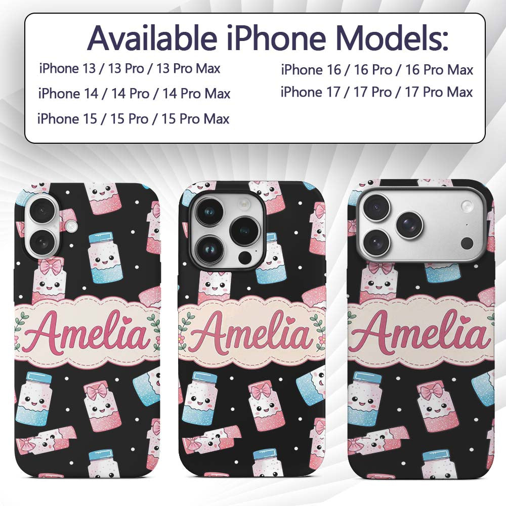 Cute Kawaii Sweet Sugar Jars with Bows Black Custom Name Protective Phone Case Mobile Cover Durable Everyday Smartphone Shock Resistant