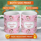 Personalized Custom Name Romantic Couple Kissing Floral Bouquet Hearts Pattern Light Pink 11oz Ceramic Coffee Tea Mug White Large Handle