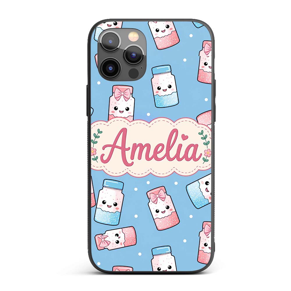 Cute Kawaii Sweet Sugar Jars with Bows Soft Blue Custom Name Protective Phone Case Mobile Cover Durable Everyday Smartphone Shock Resistant