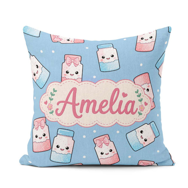 Custom Name Cute Sweet Sugar Jars with Bows Soft Blue Background Square Filled Cushion Throw Pillow Sofa Bed Home Decor Zip Washable UK Made