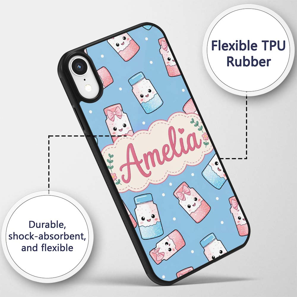 Cute Kawaii Sweet Sugar Jars with Bows Soft Blue Custom Name Protective Phone Case Mobile Cover Durable Everyday Smartphone Shock Resistant